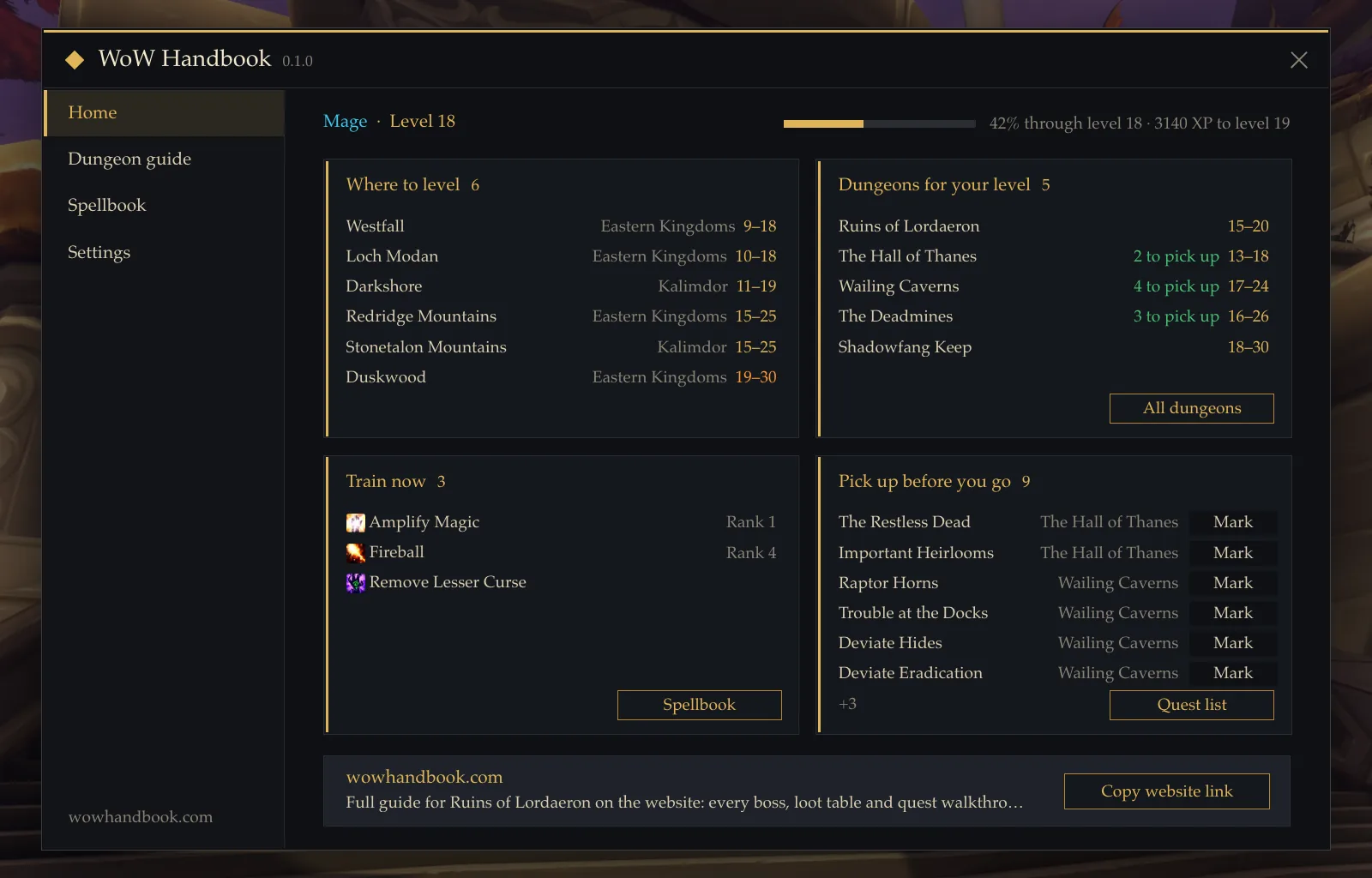 The WoW Handbook home page: four cards for zones, dungeons, spells to train and quests to pick up, for a level 18 Mage