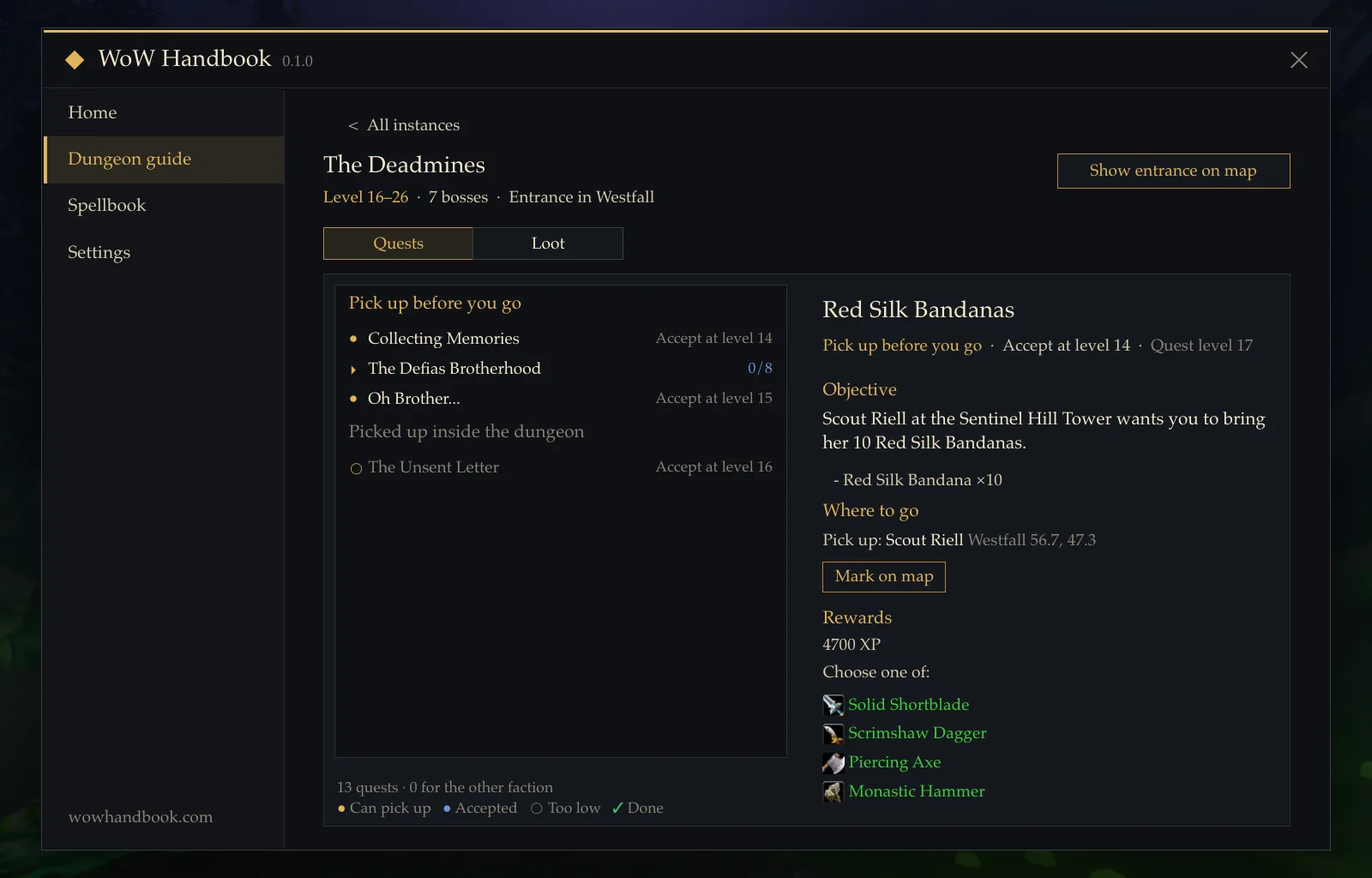 A dungeon quest detail page for Red Silk Bandanas in the Deadmines, with objective, pickup location and reward choices