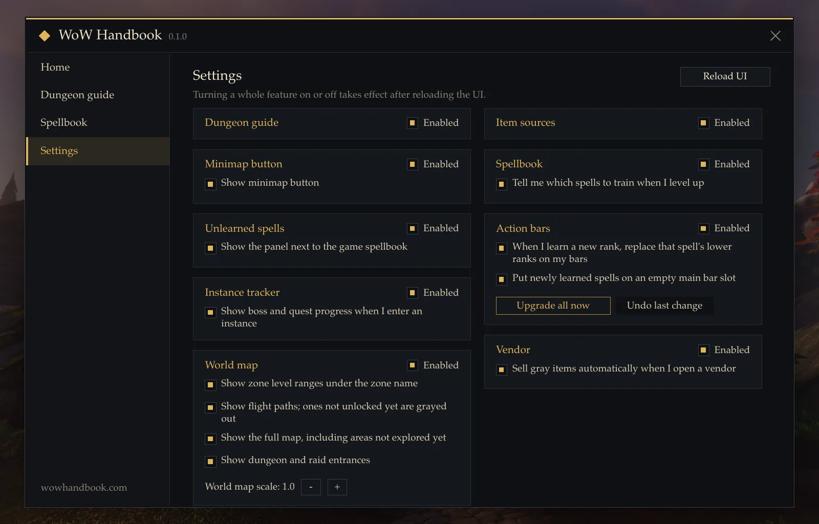 The WoW Handbook settings page with a panel and an Enabled checkbox for every feature