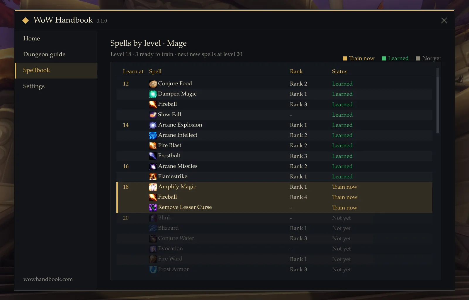 The spellbook table for a level 18 Mage, with learned spells, spells ready to train highlighted in gold, and later spells dimmed